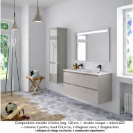 Ensemble meuble de salle de bain Oxford 120 cm grège brillant, plan double vasque marbre reconstitué, 2 tiroirs + colonne P. 35 cm x H. 153 cm , miroir LED