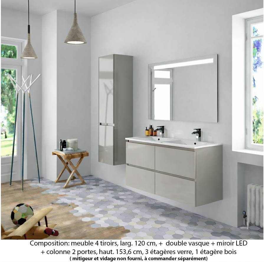 Ensemble meuble de salle de bain Oxford 140 cm grège brillant, plan double double vasque marbre reconstitué,  4 tiroirs + colonne P. 35 cm x H. 153 cm  , miroir LED