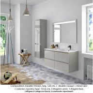 Ensemble meuble de salle de bain Oxford 140 cm grège brillant, plan double double vasque marbre reconstitué, 4 tiroirs + colonne P. 35 cm x H. 153 cm , miroir LED