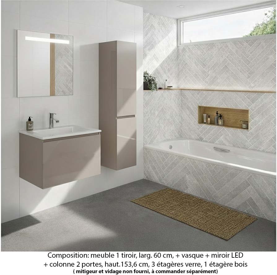 Ensemble meuble de salle de bain Oxford 60 cm grège brillant, plan vasque marbre reconstitué,  1 tiroir +colonne P. 35 cm x H. 153 cm  , miroir LED