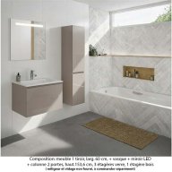 Ensemble meuble de salle de bain Oxford 80 cm grège brillant, plan vasque marbre reconstitué, 1 tiroir + colonne P. 35 cm x H. 153 cm , miroir LED