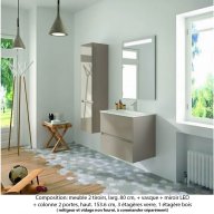 Ensemble meuble de salle de bain Oxford 80 cm grège brillant, plan vasque céramique, 2 tiroirs + colonne (ch. à droite) , miroir LED