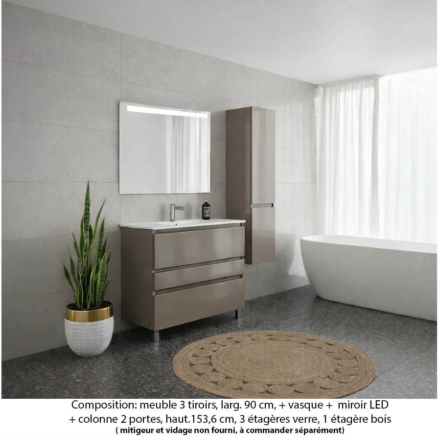 Ensemble meuble de salle de bain Oxford 90 cm grège brillant, plan vasque marbre reconstitué,  3 tiroirs + colonne P. 35 cm x H. 153 cm  , miroir LED