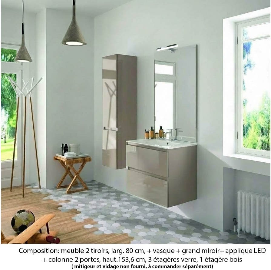 Ensemble meuble de salle de bain Oxford 80 cm grège brillant, plan vasque marbre reconstitué, 2 tiroirs , miroir plan , applique , colonne (ch. à gauche)