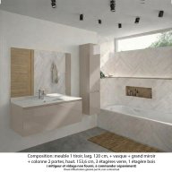 Ensemble meuble de salle de bain Oxford 120 cm grège brillant, plan vasque marbre reconstitué, 1 tiroir , miroir plan , colonne P. 35 cm x H. 153 cm