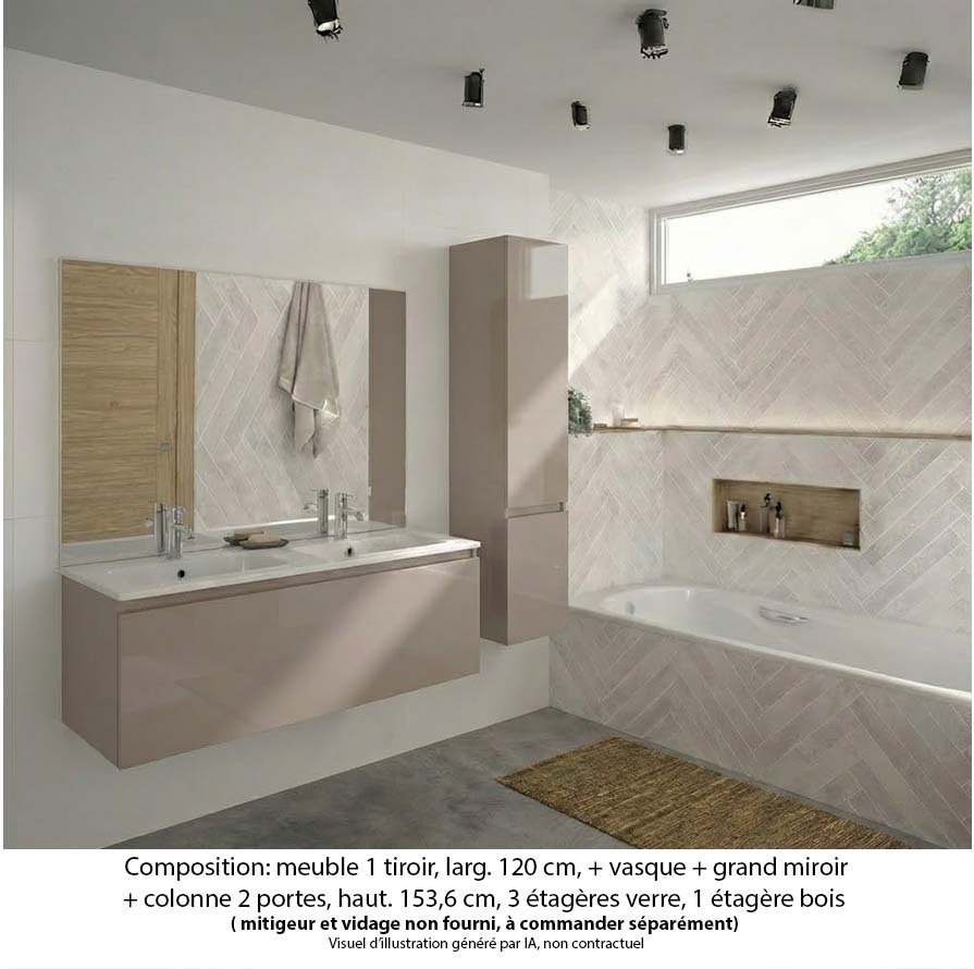 Ensemble meuble de salle de bain Oxford 120 cm grège brillant, plan double vasque marbre reconstitué, 1 tiroir , miroir plan , colonne P. 35 cm x H. 153 cm