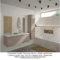Ensemble meuble de salle de bain Oxford 120 cm grège brillant, plan double vasque marbre reconstitué, 1 tiroir , miroir plan , colonne P. 35 cm x H. 153 cm