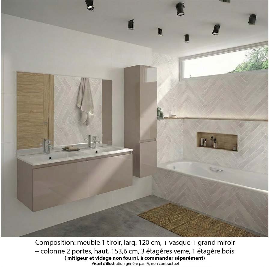 Ensemble meuble de salle de bain Oxford 140 cm grège brillant, plan double double vasque marbre reconstitué, 2 tiroirs , miroir plan , colonne P. 35 cm x H. 153 cm