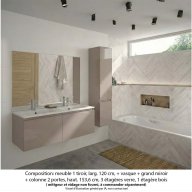 Ensemble meuble de salle de bain Oxford 120 cm grège brillant, plan double vasque marbre reconstitué, 2 tiroirs , miroir plan , colonne P. 35 cm x H. 153 cm