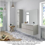 Ensemble meuble de salle de bain Oxford 140 cm grège brillant, plan double double vasque marbre reconstitué, 4 tiroirs , miroir plan , colonne P. 35 cm x H. 153 cm