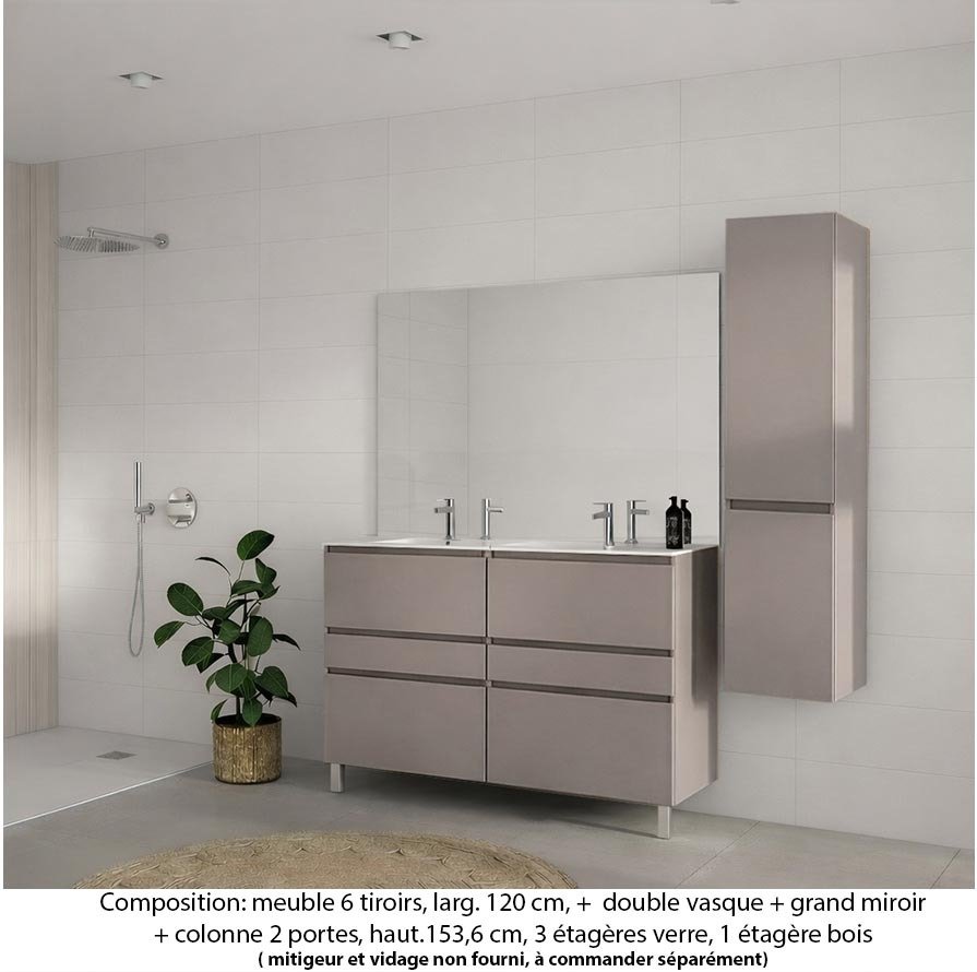 Ensemble meuble de salle de bain Oxford 140 cm grège brillant, plan double double vasque marbre reconstitué, caisson double, 6 tiroirs , miroir plan , colonne P. 35 cm x H. 153 cm