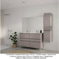 Ensemble meuble de salle de bain Oxford 120 cm grège brillant, plan double vasque marbre reconstitué, 6 tiroirs , miroir plan , colonne P. 35 cm x H. 153 cm