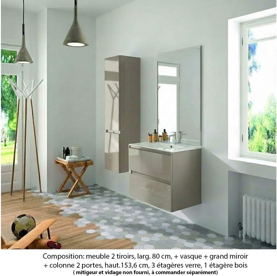 Ensemble meuble de salle de bain Oxford 80 cm grège brillant, plan vasque marbre reconstitué, 2 tiroirs , miroir plan , colonne (ch. à gauche)