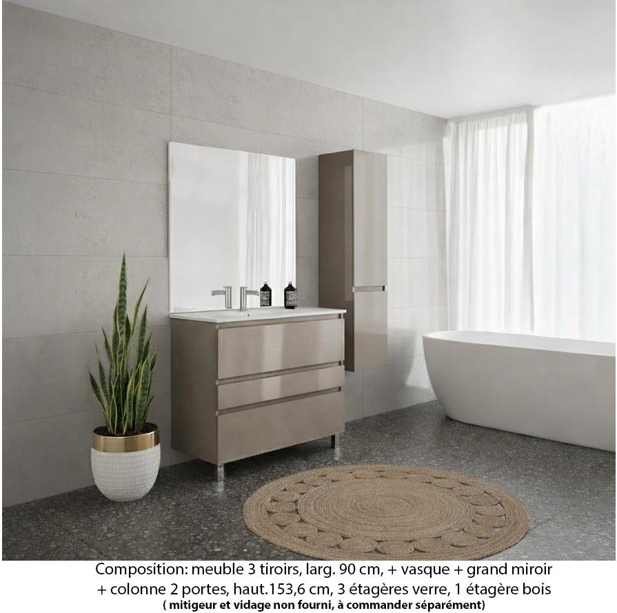 Ensemble meuble de salle de bain Oxford 90 cm grège brillant, plan vasque marbre reconstitué, 3 tiroirs , miroir plan , colonne P. 35 cm x H. 153 cm