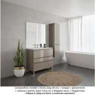 Ensemble meuble de salle de bain Oxford 90 cm grège brillant, plan vasque marbre reconstitué, 3 tiroirs , miroir plan , colonne P. 35 cm x H. 153 cm