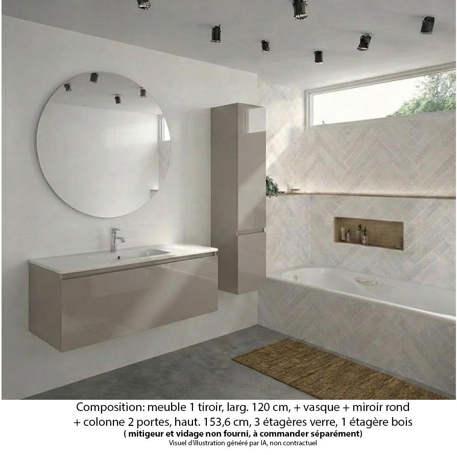 Ensemble meuble de salle de bain Oxford 120 cm grège brillant, plan vasque céramique, 1 tiroir , miroir rond , colonne P. 35 cm x H. 153 cm