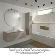 Ensemble meuble de salle de bain Oxford 120 cm grège brillant, plan vasque marbre reconstitué, 1 tiroir , miroir rond , colonne P. 35 cm x H. 153 cm