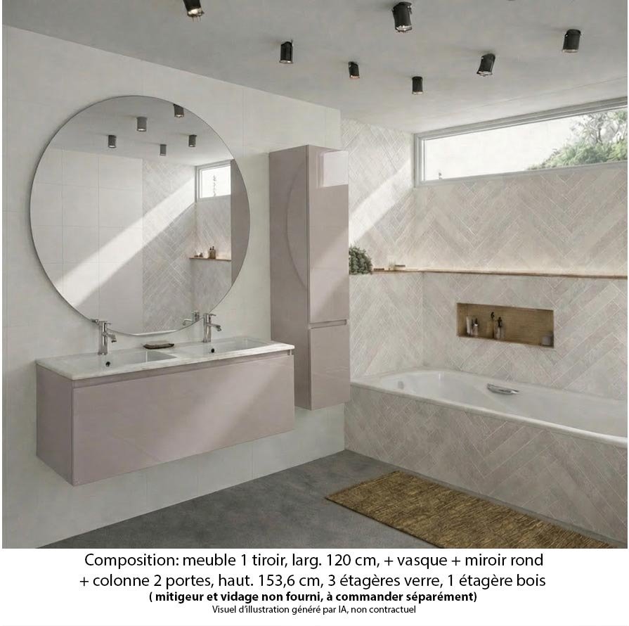 Ensemble meuble de salle de bain Oxford 120 cm grège brillant, plan double vasque marbre reconstitué, 1 tiroir , miroir rond , colonne P. 35 cm x H. 153 cm