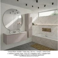 Ensemble meuble de salle de bain Oxford 120 cm grège brillant, plan double vasque marbre reconstitué, 1 tiroir , miroir rond , colonne P. 35 cm x H. 153 cm