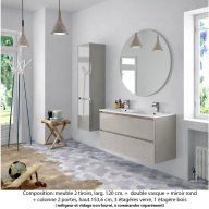 Ensemble meuble de salle de bain Oxford 120 cm grège brillant, plan double vasque marbre reconstitué, 2 tiroirs , miroir rond , colonne P. 35 cm x H. 153 cm