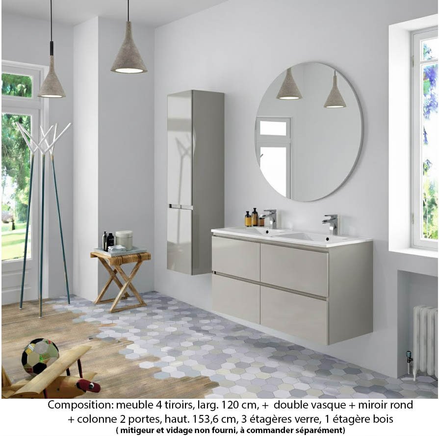 Ensemble meuble de salle de bain Oxford 140 cm grège brillant, plan double double vasque marbre reconstitué, 4 tiroirs , miroir rond , colonne P. 35 cm x H. 153 cm