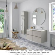 Ensemble meuble de salle de bain Oxford 140 cm grège brillant, plan double double vasque marbre reconstitué, 4 tiroirs , miroir rond , colonne P. 35 cm x H. 153 cm