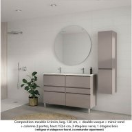 Ensemble meuble de salle de bain Oxford 120 cm grège brillant, plan double vasque marbre reconstitué, 6 tiroirs , miroir rond , colonne P. 35 cm x H. 153 cm