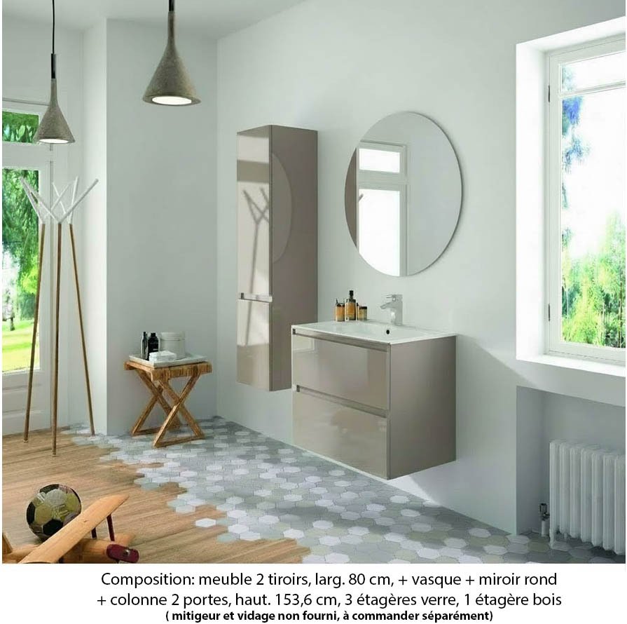 Ensemble meuble de salle de bain Oxford 80 cm grège brillant, plan vasque marbre reconstitué, 2 tiroirs , miroir rond , colonne (ch. à droite)