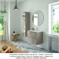 Ensemble meuble de salle de bain Oxford 80 cm grège brillant, plan vasque marbre reconstitué, 2 tiroirs , miroir rond , colonne P. 35 cm x H. 153 cm
