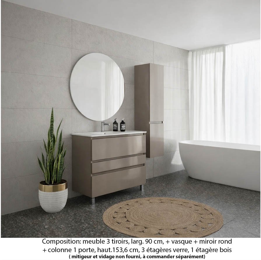 Ensemble meuble de salle de bain Oxford 90 cm grège brillant, plan vasque marbre reconstitué, 3 tiroirs , miroir rond , colonne P. 35 cm x H. 153 cm