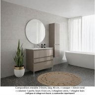 Ensemble meuble de salle de bain Oxford 90 cm grège brillant, plan vasque marbre reconstitué, 3 tiroirs , miroir rond , colonne P. 35 cm x H. 153 cm