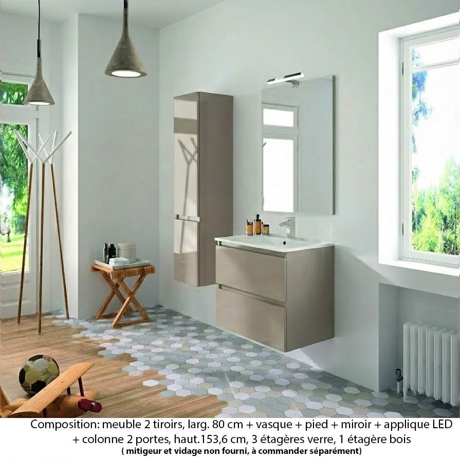 Ensemble meuble de salle de bain Oxford 80 cm grège brillant, plan vasque marbre reconstitué, 2 tiroirs , miroir simple , applique , colonne (ch. à gauche)