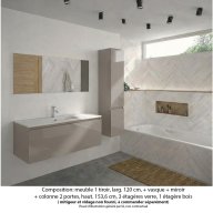 Ensemble meuble de salle de bain Oxford 120 cm grège brillant, plan vasque marbre reconstitué, 1 tiroir , miroir simple , colonne P. 35 cm x H. 153 cm