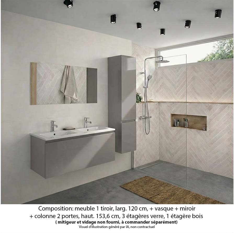 Ensemble meuble de salle de bain Oxford 120 cm grège brillant, plan double vasque marbre reconstitué, 1 tiroir , miroir simple , colonne P. 35 cm x H. 153 cm