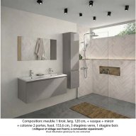 Ensemble meuble de salle de bain Oxford 120 cm grège brillant, plan double vasque marbre reconstitué, 1 tiroir , miroir simple , colonne P. 35 cm x H. 153 cm