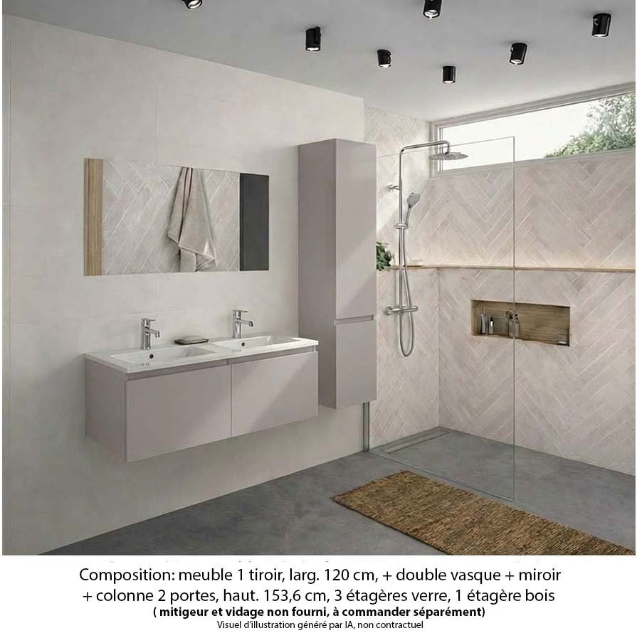 Ensemble meuble de salle de bain Oxford 140 cm grège brillant, plan double double vasque marbre reconstitué, 2 tiroirs , miroir simple , colonne P. 35 cm x H. 153 cm