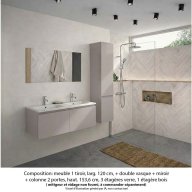 Ensemble meuble de salle de bain Oxford 120 cm grège brillant, plan double vasque marbre reconstitué, 2 tiroirs , miroir simple , colonne P. 35 cm x H. 153 cm