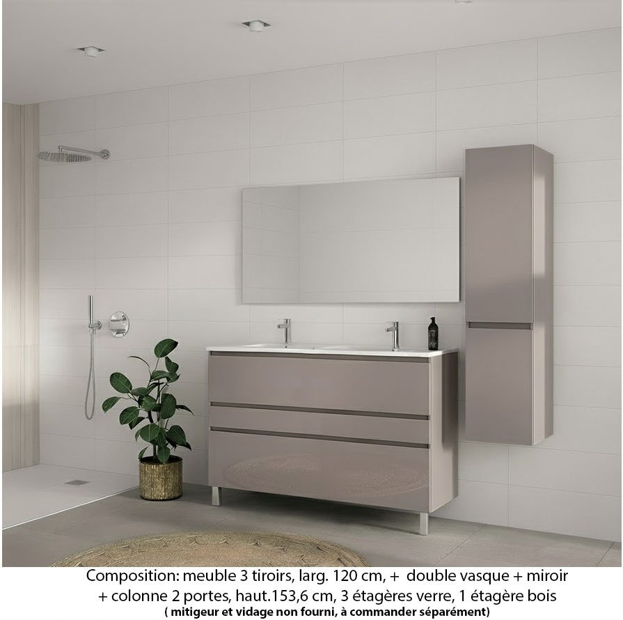 Ensemble meuble de salle de bain Oxford 120 cm grège brillant, plan double vasque céramique, 3 tiroirs , miroir simple , colonne P. 35 cm x H. 153 cm