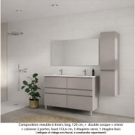 Ensemble meuble de salle de bain Oxford 120 cm grège brillant, plan double vasque marbre reconstitué, 6 tiroirs , miroir simple , colonne P. 35 cm x H. 153 cm