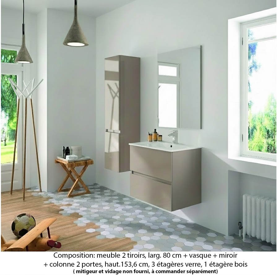 Ensemble meuble de salle de bain Oxford 80 cm grège brillant, plan vasque marbre reconstitué, 2 tiroirs , miroir simple , colonne (ch. à gauche)