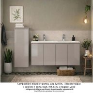 Ensemble meuble de salle de bain Oxford 120 cm grège brillant, plan vasque marbre reconstitué, 4 portes +colonne P. 17 cm x H. 104 cm