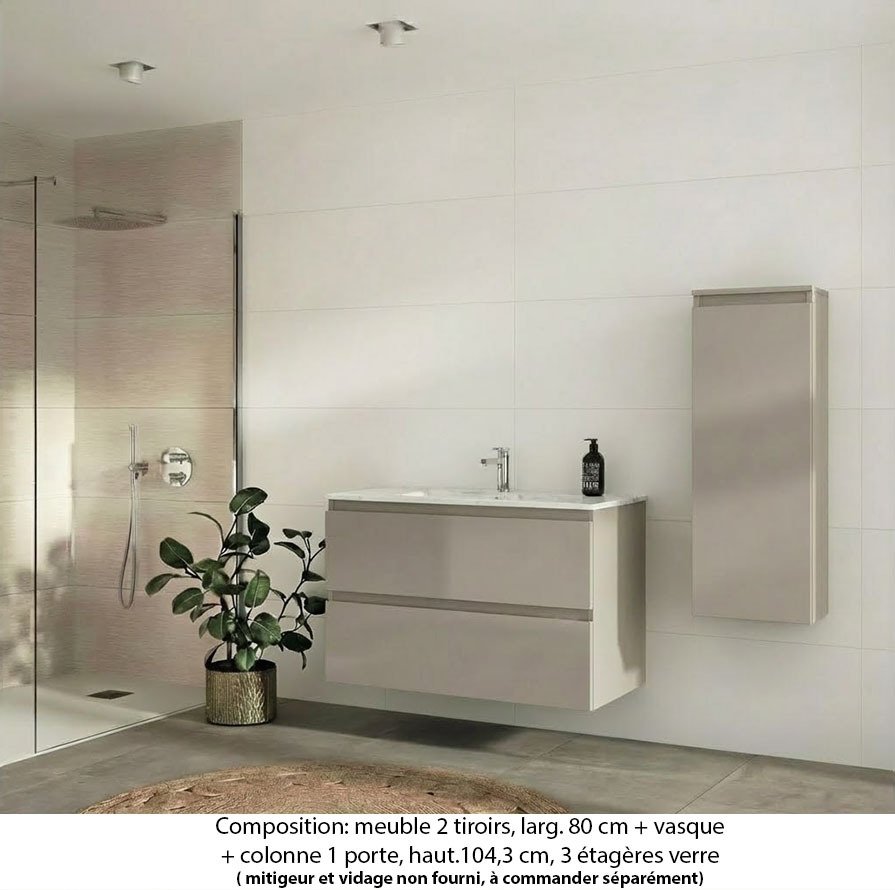 Ensemble meuble de salle de bain Oxford 100 cm grège brillant, plan vasque marbre reconstitué,  2 tiroirs + colonne P. 17 cm x H. 104 cm