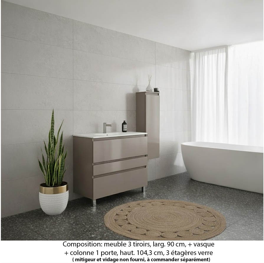 Ensemble meuble de salle de bain Oxford 80 cm grège brillant, plan vasque marbre reconstitué,  3 tiroirs + colonne P.17 cm x H. 104 cm