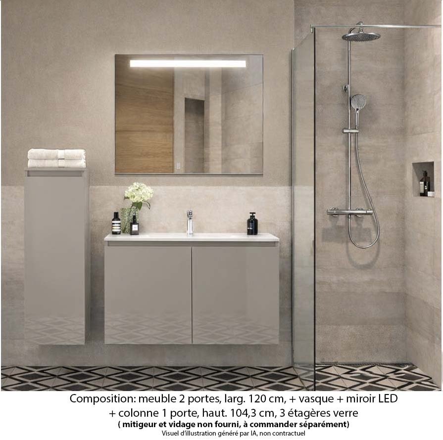 Ensemble meuble de salle de bain Oxford 60 cm grège brillant, plan vasque marbre reconstitué,  2 portes +colonne P. 17 cm x H. 104 cm  , miroir LED