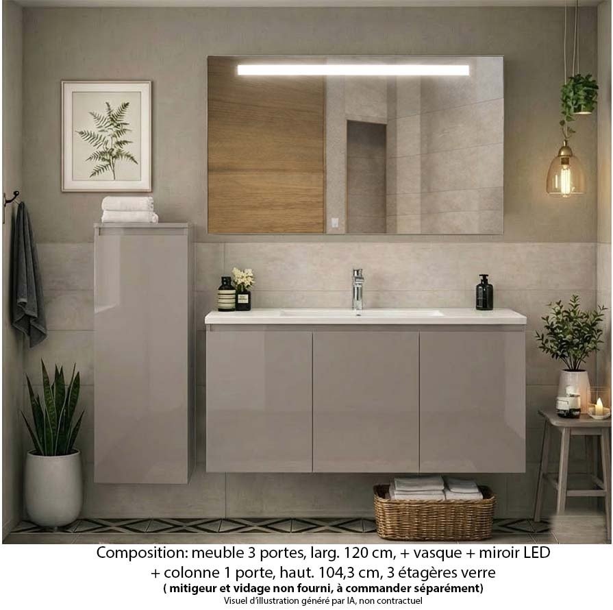 Ensemble meuble de salle de bain Oxford 120 cm grège brillant, plan vasque céramique,  3 portes +colonne P. 17 cm x H. 104 cm  , miroir LED