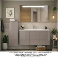 Ensemble meuble de salle de bain Oxford 120 cm grège brillant, plan vasque céramique, 3 portes +colonne P. 35 cm x H. 104 cm , miroir LED