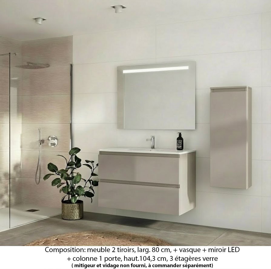 Ensemble meuble de salle de bain Oxford 100 cm grège brillant, plan vasque marbre reconstitué,  2 tiroirs +colonne P. 17 cm x H. 104 cm  , miroir LED