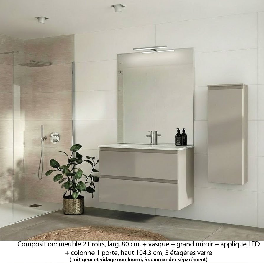 Ensemble meuble de salle de bain Oxford 100 cm grège brillant, plan vasque marbre reconstitué, 2 tiroirs , miroir plan , applique , colonne P. 17 cm x H. 104 cm