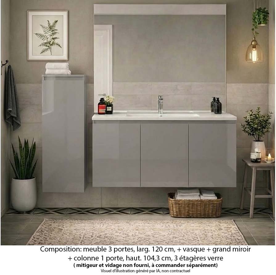 Ensemble meuble de salle de bain Oxford 120 cm grège brillant, plan vasque céramique, 3 portes , miroir plan , colonne P. 17 cm x H. 104 cm