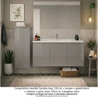 Ensemble meuble de salle de bain Oxford 120 cm grège brillant, plan vasque céramique, 3 portes , miroir plan , colonne P. 35 cm x H. 104 cm